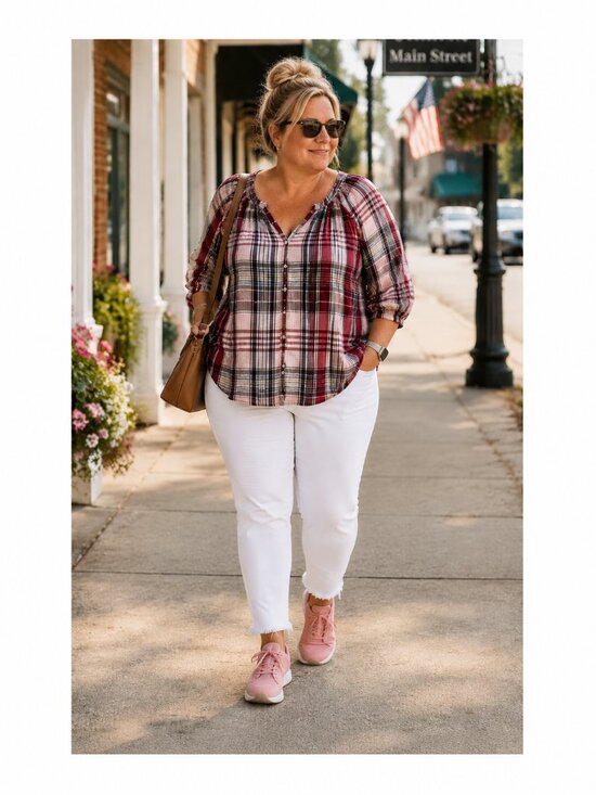 Lane Bryant Tops - Lane Bryant Plaid Peasant Blouse Size 28 Pink Burgundy Button Front Cotton Modal